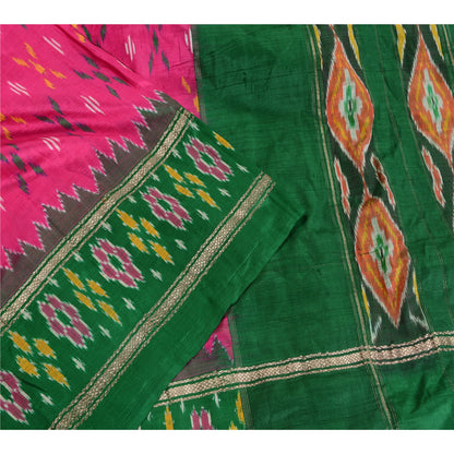 Sanskriti Vintage Saree Pink Sambhalpuri Hand Woven Ikat Pure Silk Sari Sustainable Fabric