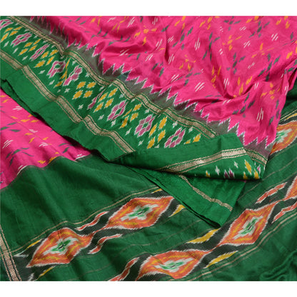 Sanskriti Vintage Saree Pink Sambhalpuri Hand Woven Ikat Pure Silk Sari Sustainable Fabric