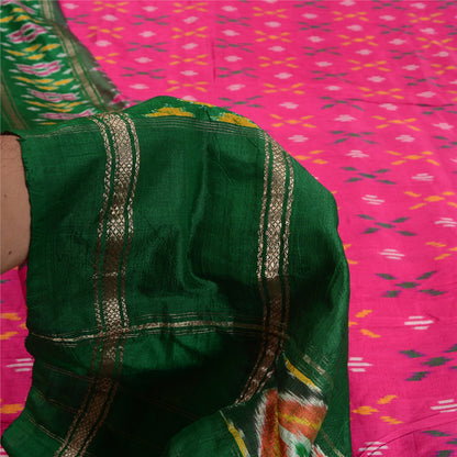 Sanskriti Vintage Saree Pink Sambhalpuri Hand Woven Ikat Pure Silk Sari Sustainable Fabric