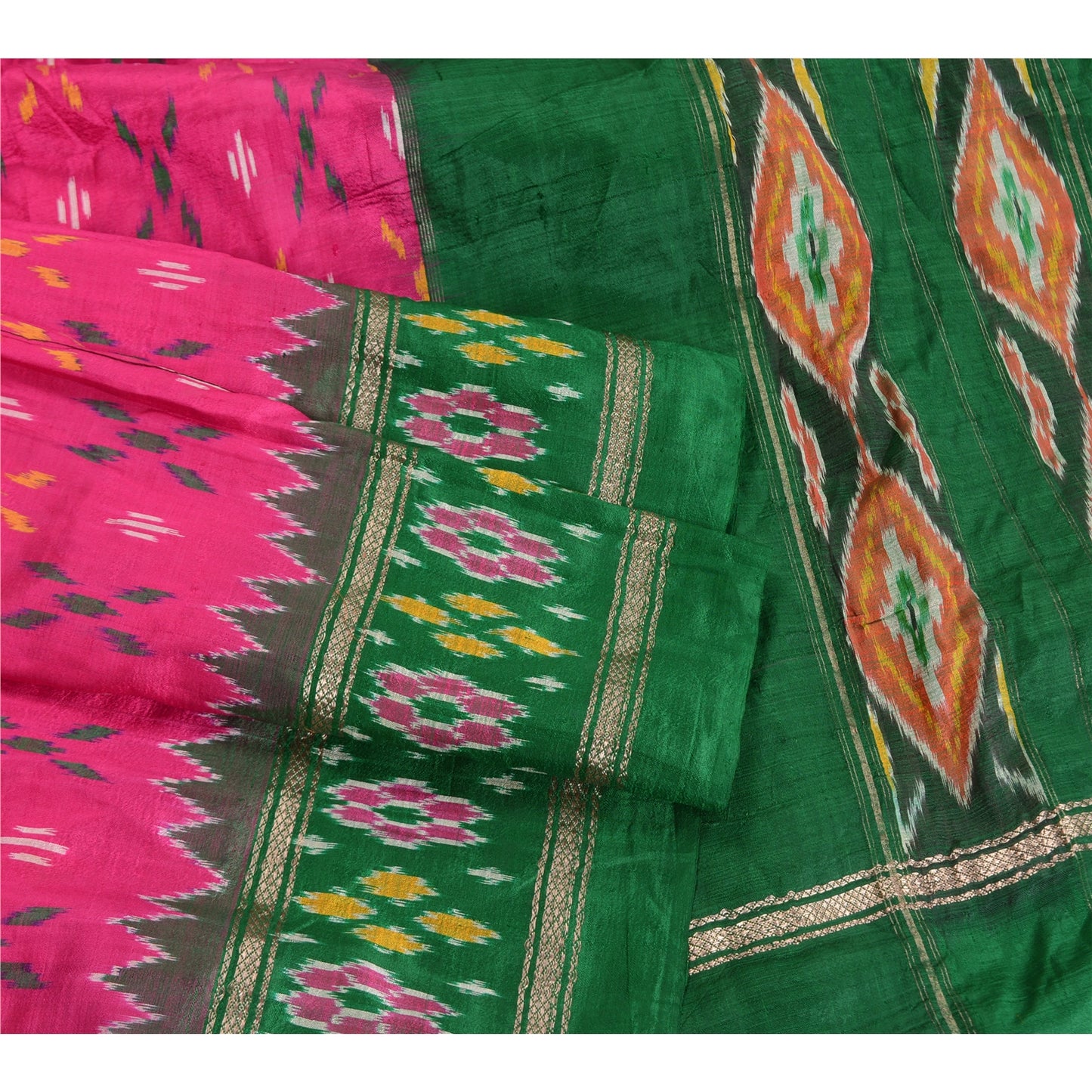 Sanskriti Vintage Saree Pink Sambhalpuri Hand Woven Ikat Pure Silk Sari Sustainable Fabric