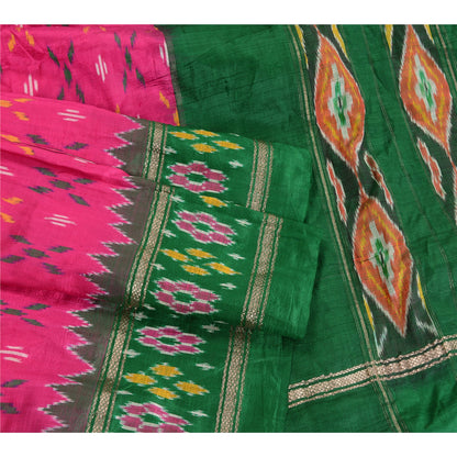 Sanskriti Vintage Saree Pink Sambhalpuri Hand Woven Ikat Pure Silk Sari Sustainable Fabric
