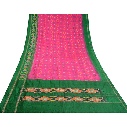 Sanskriti Vintage Saree Pink Sambhalpuri Hand Woven Ikat Pure Silk Sari Sustainable Fabric
