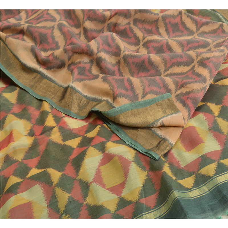 Sanskriti Vintage Saree Brown & Pink Sambhalpuri Handwoven Ikat Cotton Silk Sari 5 Yard Craft Fabric Create-Floral Dresses, Kaftans,Skirts