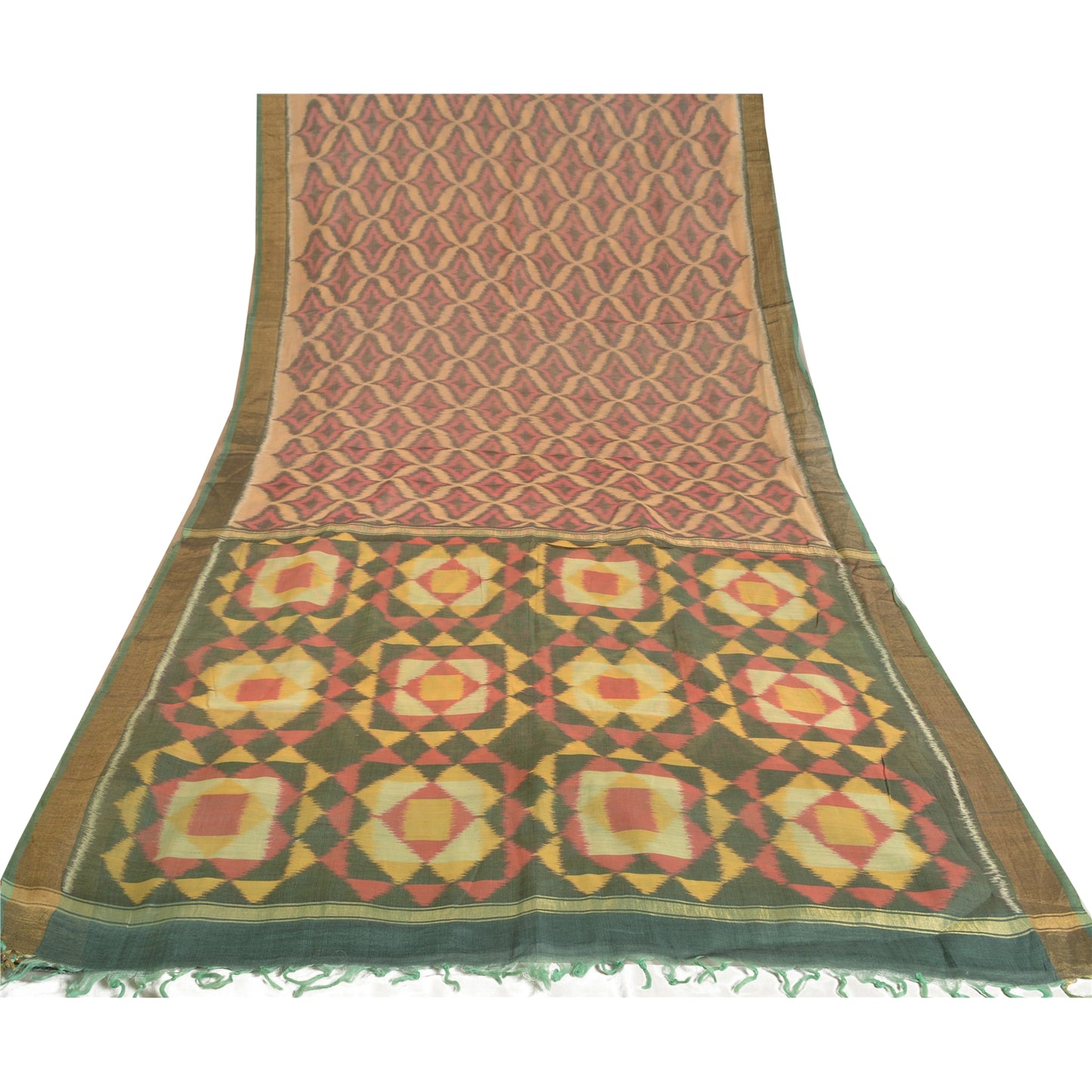 Sanskriti Vintage Saree Brown Sambhalpuri HandWoven Ikat Pure Cotton Sari Sustainable Fabric