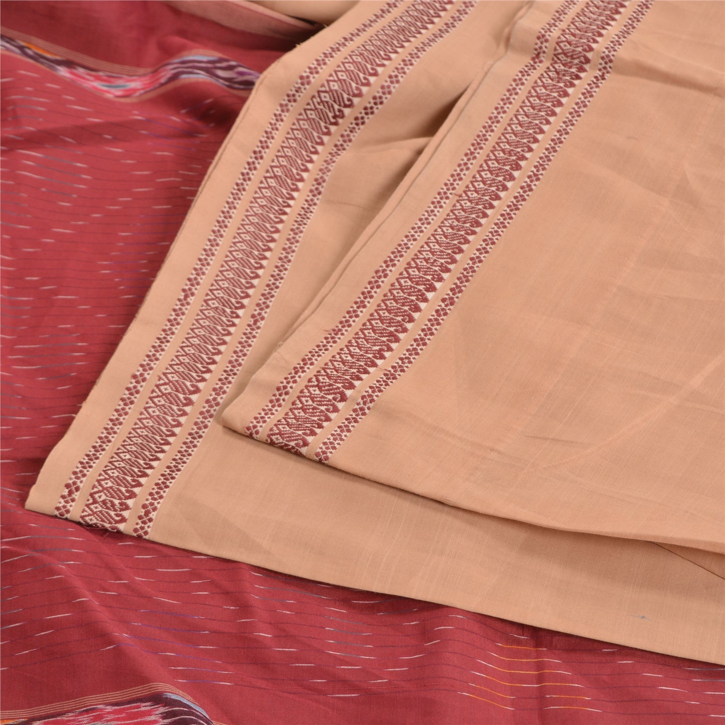 Sanskriti Vintage Saree Brown/Red Hand Woven Ikat Blend Cotton Sari 5yd Sustainable Fabric