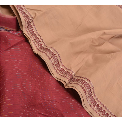 Sanskriti Vintage Saree Brown/Red Hand Woven Ikat Blend Cotton Sari 5yd Sustainable Fabric