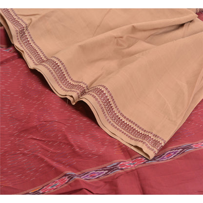 Sanskriti Vintage Saree Brown/Red Hand Woven Ikat Blend Cotton Sari 5yd Sustainable Fabric