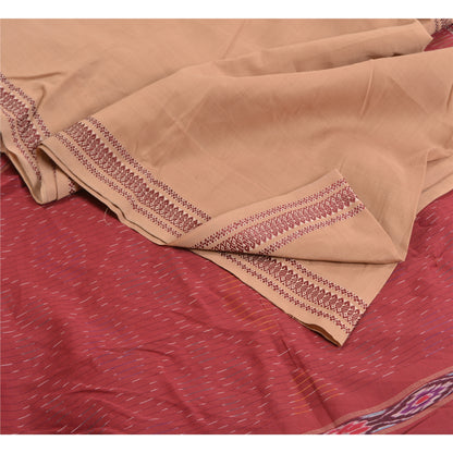Sanskriti Vintage Saree Brown/Red Hand Woven Ikat Blend Cotton Sari 5yd Sustainable Fabric
