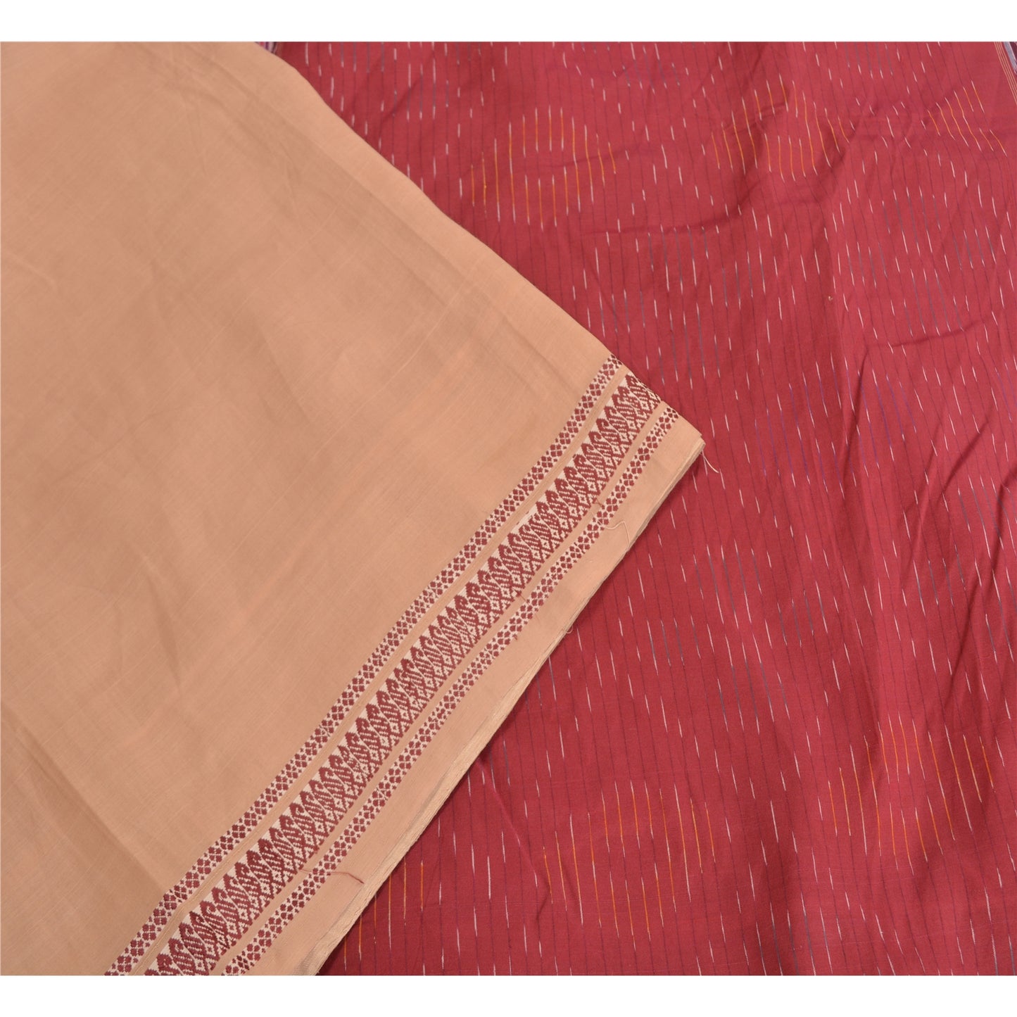 Sanskriti Vintage Saree Brown/Red Hand Woven Ikat Blend Cotton Sari 5yd Sustainable Fabric