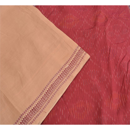 Sanskriti Vintage Saree Brown/Red Hand Woven Ikat Blend Cotton Sari 5yd Sustainable Fabric