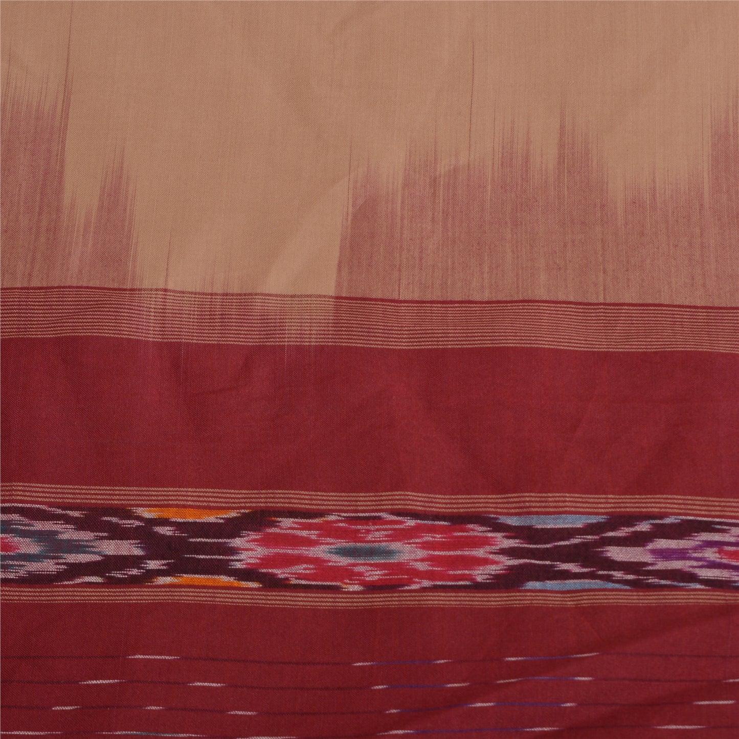 Sanskriti Vintage Saree Brown/Red Hand Woven Ikat Blend Cotton Sari 5yd Sustainable Fabric