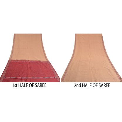 Sanskriti Vintage Saree Brown/Red Hand Woven Ikat Blend Cotton Sari 5yd Sustainable Fabric