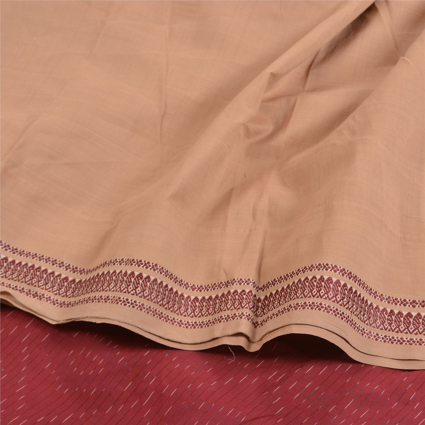 Sanskriti Vintage Saree Brown/Red Hand Woven Ikat Blend Cotton Sari 5yd Sustainable Fabric