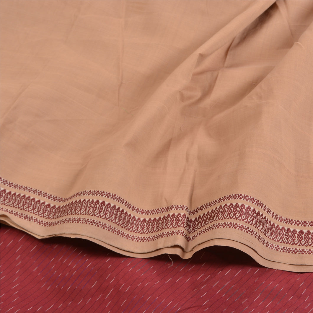 Sanskriti Vintage Saree Brown/Red Hand Woven Ikat Blend Cotton Sari 5yd Fabric