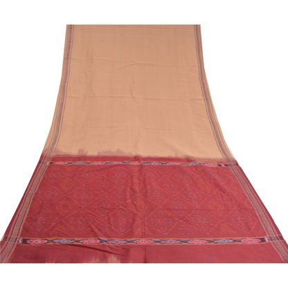 Sanskriti Vintage Saree Brown/Red Hand Woven Ikat Blend Cotton Sari 5yd Sustainable Fabric