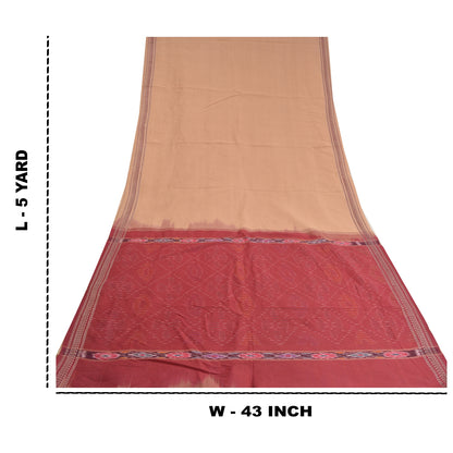 Sanskriti Vintage Saree Brown/Red Hand Woven Ikat Blend Cotton Sari 5yd Sustainable Fabric