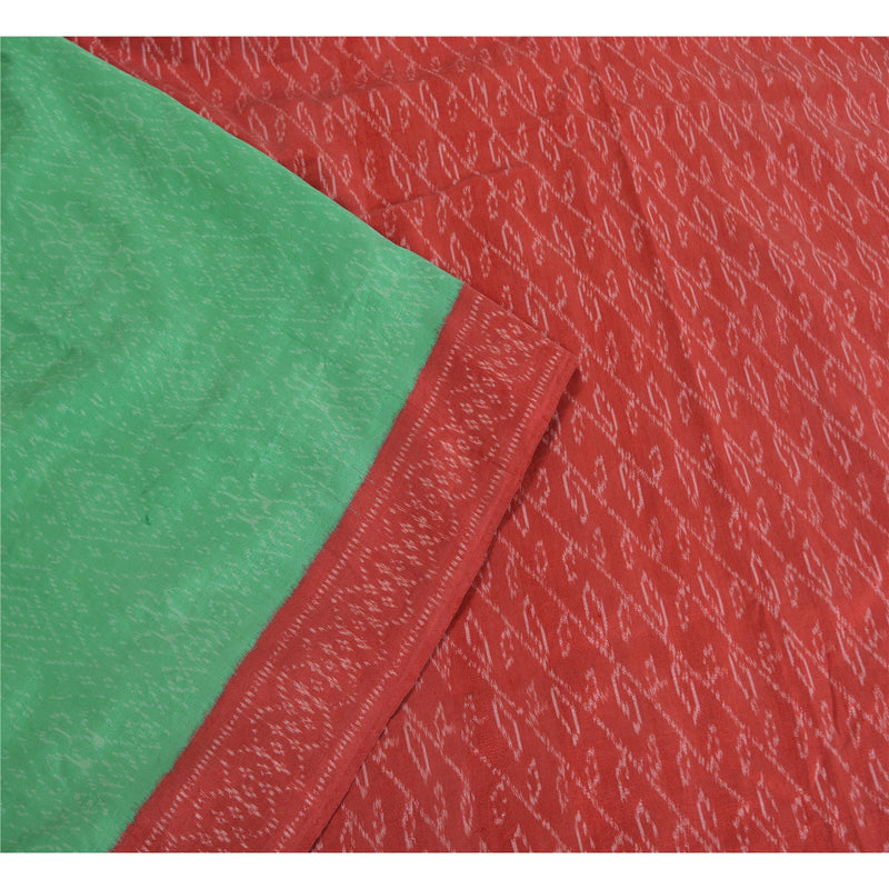 Sanskriti Vintage Saree Green & Red Sambhalpuri Handwoven Ikat Saree 100% Pure Silk Sari Craft Supplies, Home Decor, Sewing Fabric