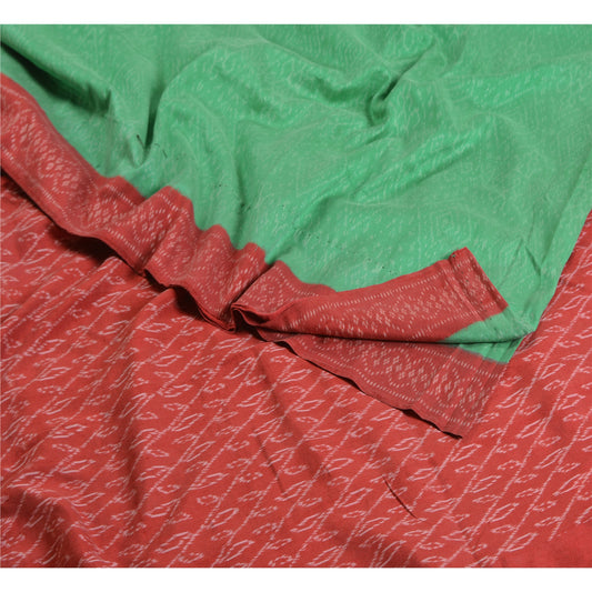 Sanskriti Vintage Saree Green Sambhalpuri HandWoven Ikat Pure Cotton Sari Sustainable Fabric