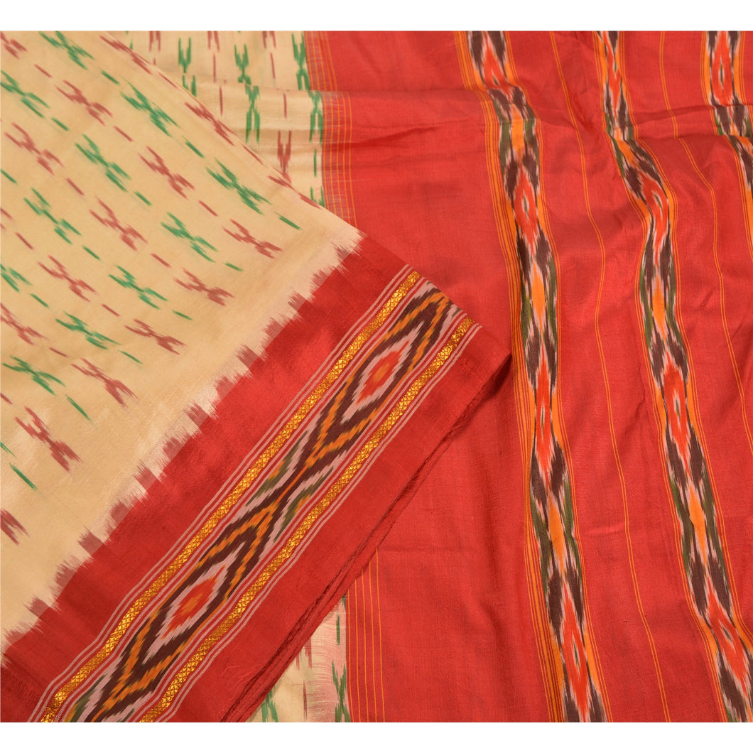 Sanskriti Vintage Saree Cream Pochampally HandWoven Ikat Pure Silk Sari Fabric