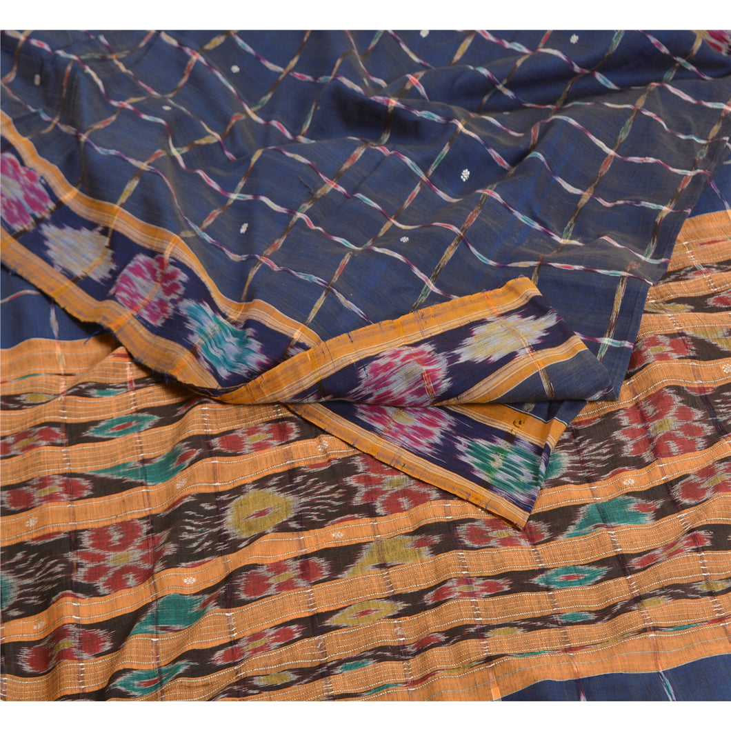 Sanskriti Vintage Saree Blue Odisha Hand Woven Ikat Pure Cotton Sari 5yd Fabric