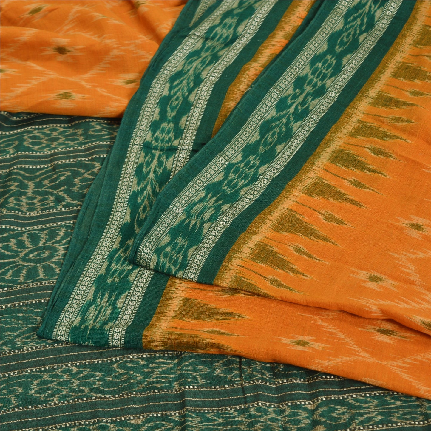 Sanskriti Vintage Saree Orange Odisha Hand Woven Ikat Pure Cotton Sari Sustainable Fabric