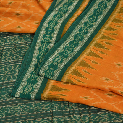 Sanskriti Vintage Saree Orange Odisha Hand Woven Ikat Pure Cotton Sari Sustainable Fabric