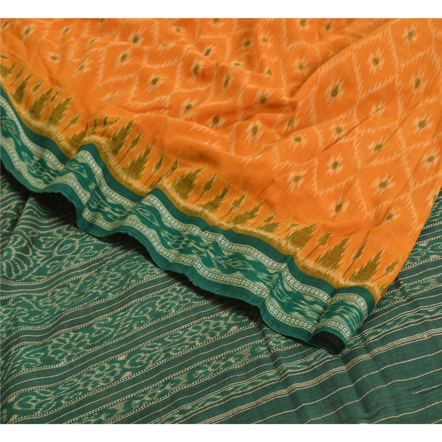 Sanskriti Vintage Saree Orange Odisha Hand Woven Ikat Pure Cotton Sari Sustainable Fabric