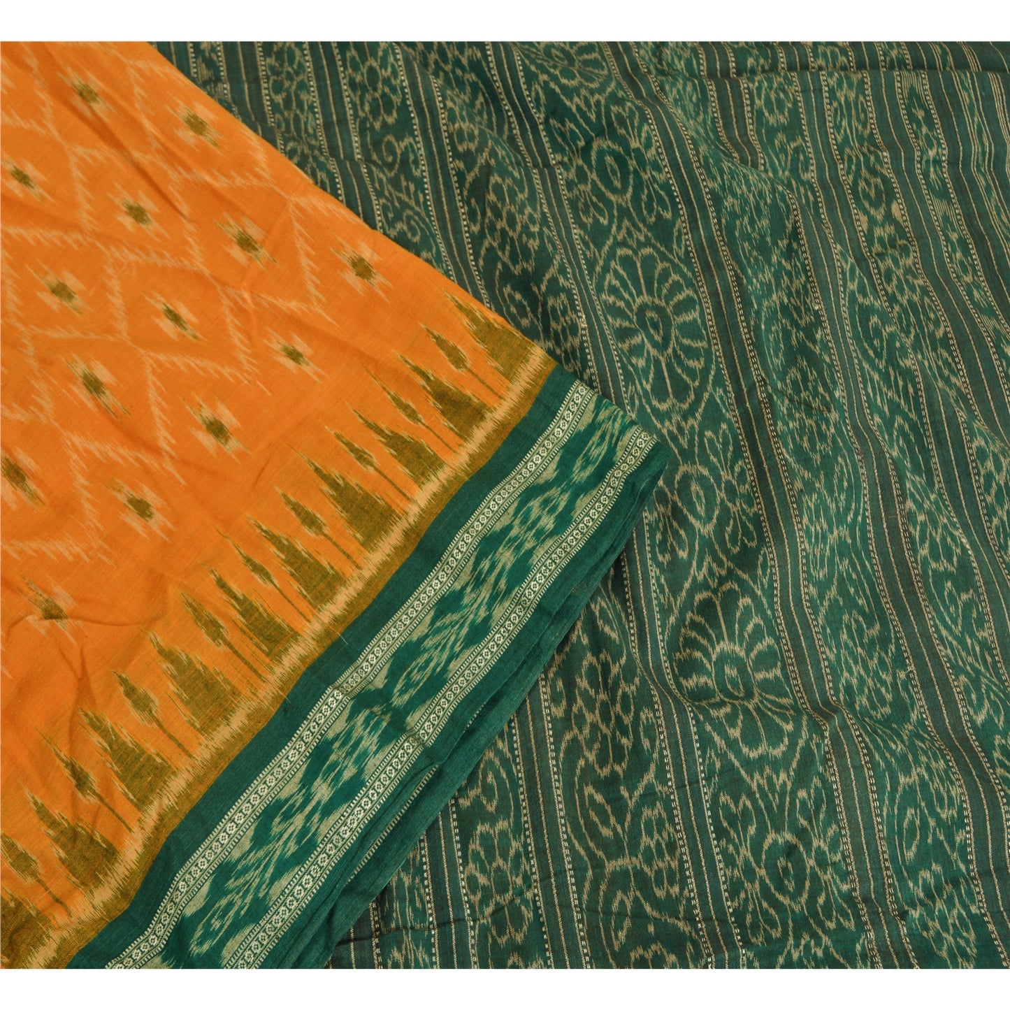 Sanskriti Vintage Saree Orange Odisha Hand Woven Ikat Pure Cotton Sari Sustainable Fabric