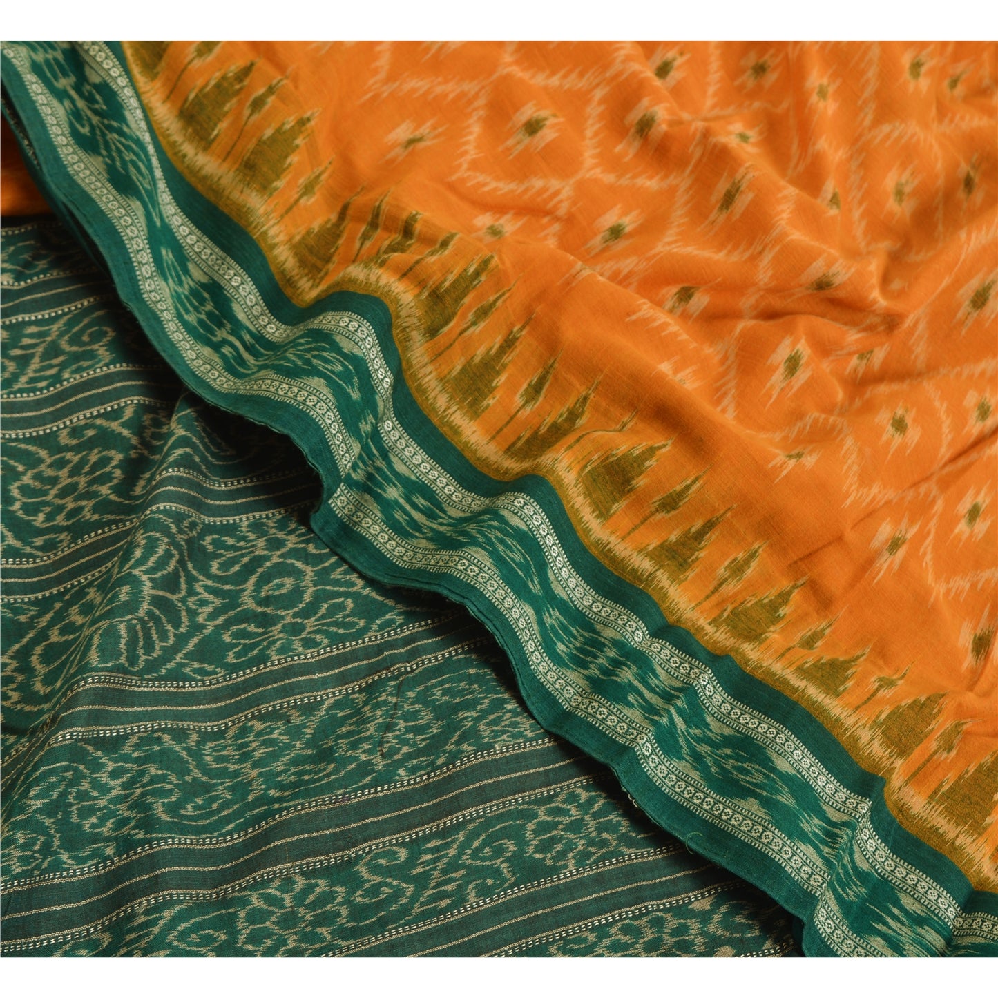 Sanskriti Vintage Saree Orange Odisha Hand Woven Ikat Pure Cotton Sari Sustainable Fabric