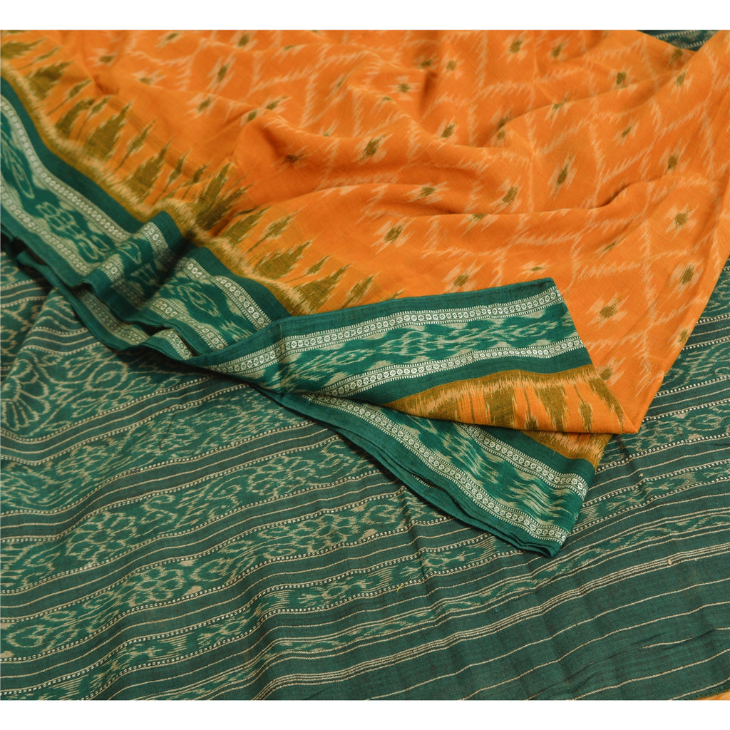 Sanskriti Vintage Saree Orange Odisha Hand Woven Ikat Pure Cotton Sari Sustainable Fabric