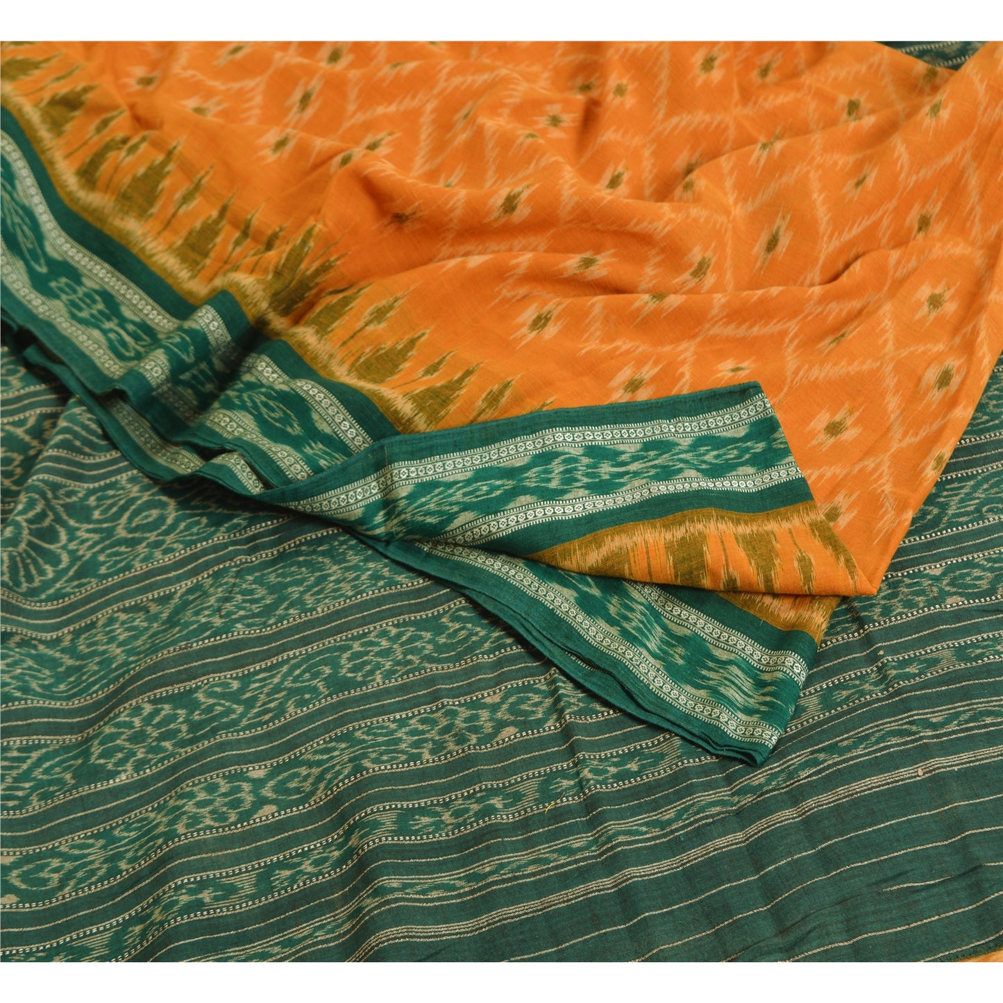 Sanskriti Vintage Saree Orange Odisha Hand Woven Ikat Pure Cotton Sari Sustainable Fabric