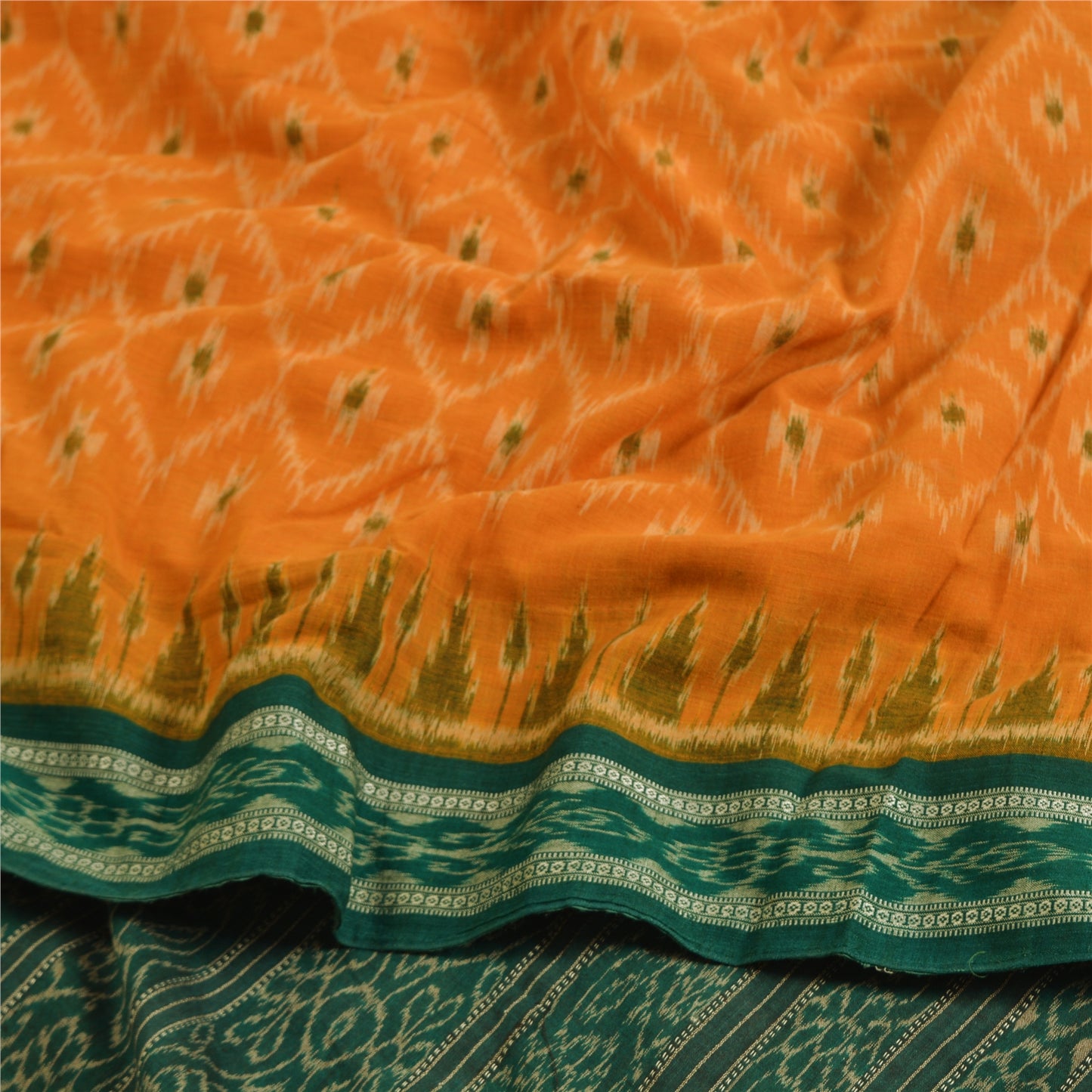 Sanskriti Vintage Saree Orange Odisha Hand Woven Ikat Pure Cotton Sari Sustainable Fabric