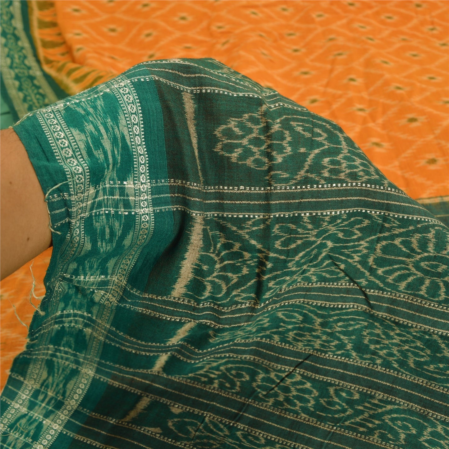 Sanskriti Vintage Saree Orange Odisha Hand Woven Ikat Pure Cotton Sari Sustainable Fabric