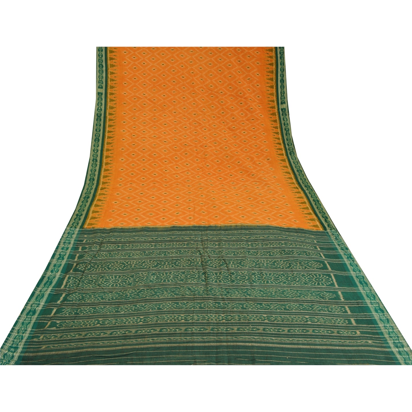Sanskriti Vintage Saree Orange Odisha Hand Woven Ikat Pure Cotton Sari Sustainable Fabric