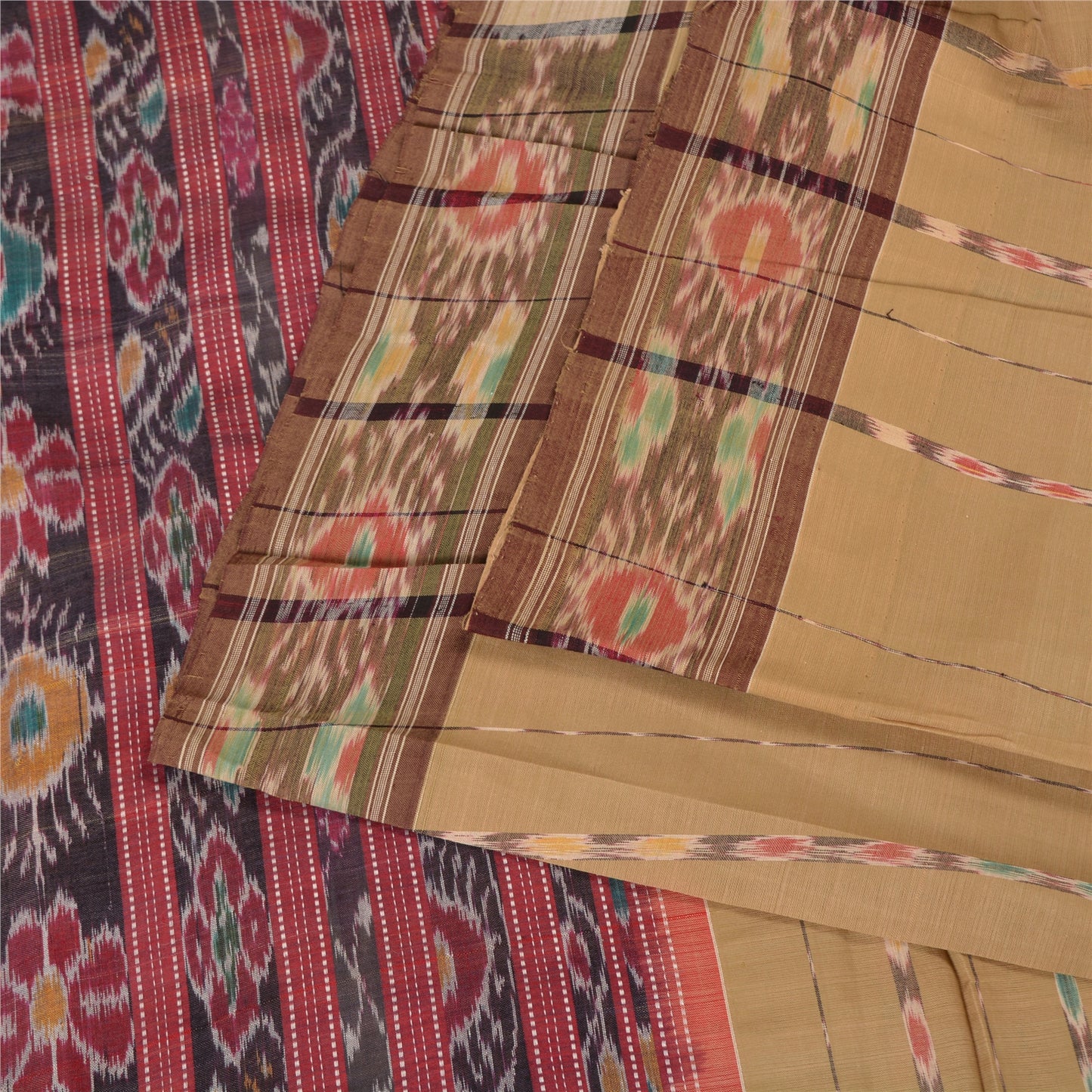 Sanskriti Vintage Saree Brown Odisha Hand Woven Ikat Blend Silk Sari 5yd Sustainable Fabric