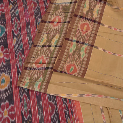 Sanskriti Vintage Saree Brown Odisha Hand Woven Ikat Blend Silk Sari 5yd Sustainable Fabric