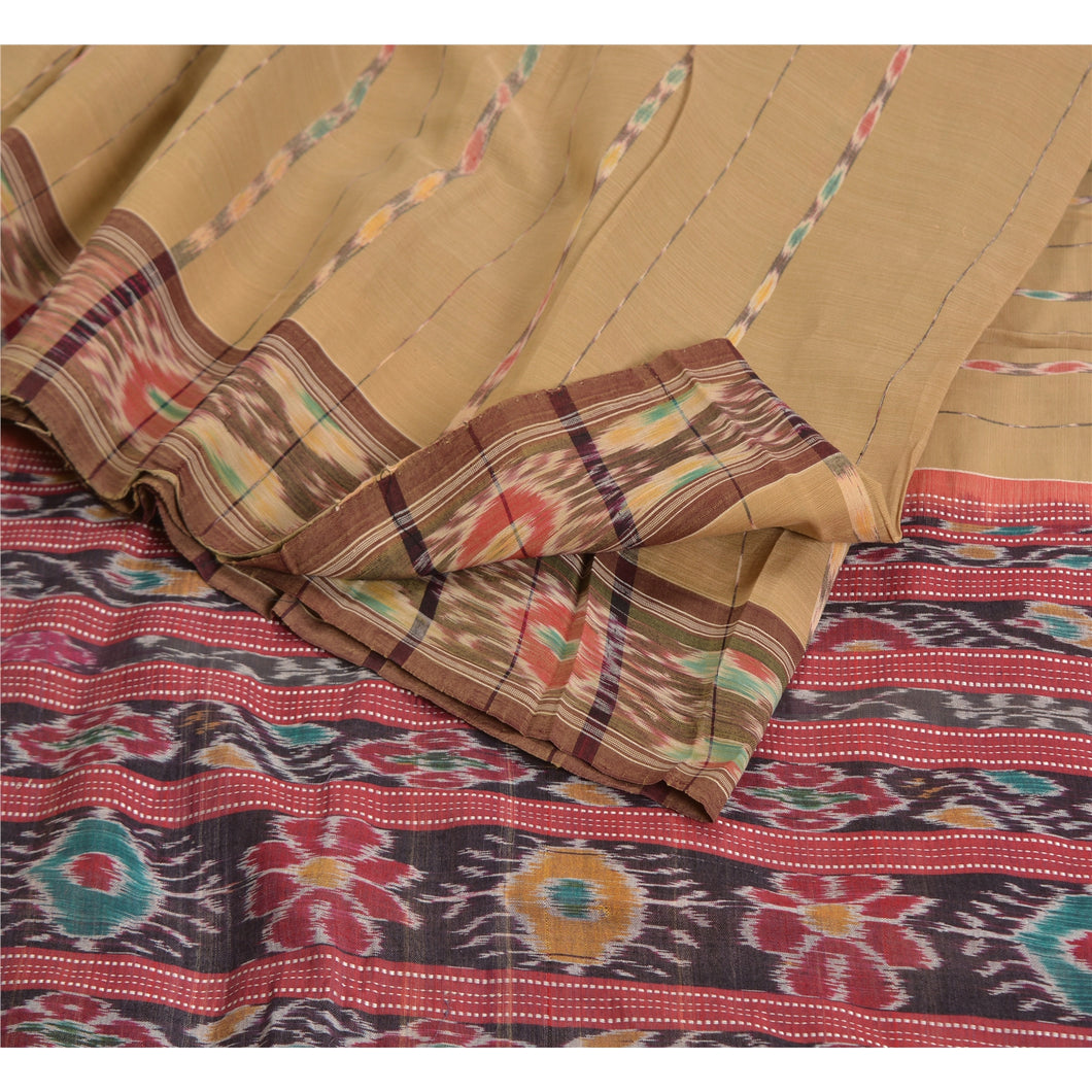Sanskriti Vintage Saree Brown Odisha Hand Woven Ikat Blend Silk Sari 5yd Fabric