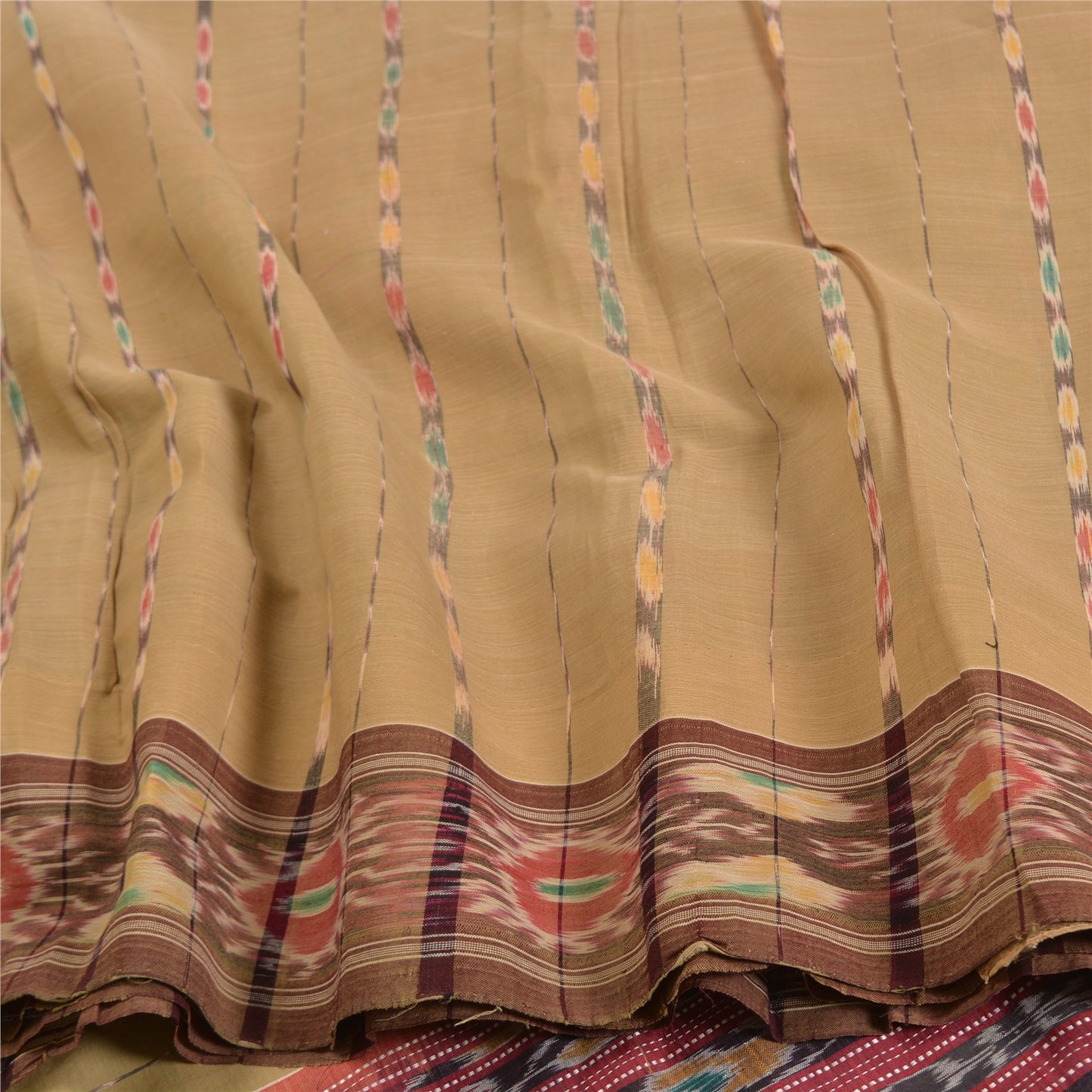Sanskriti Vintage Saree Brown Odisha Hand Woven Ikat Blend Silk Sari 5yd Sustainable Fabric