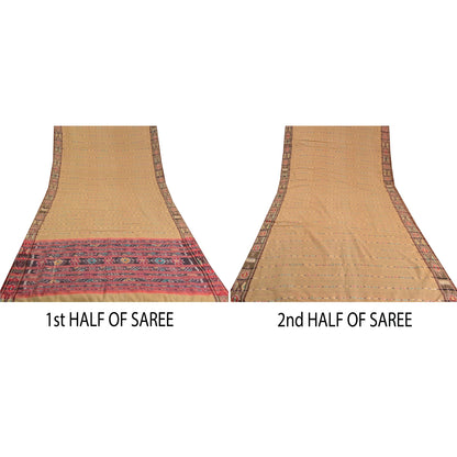 Sanskriti Vintage Saree Brown Odisha Hand Woven Ikat Blend Silk Sari 5yd Sustainable Fabric