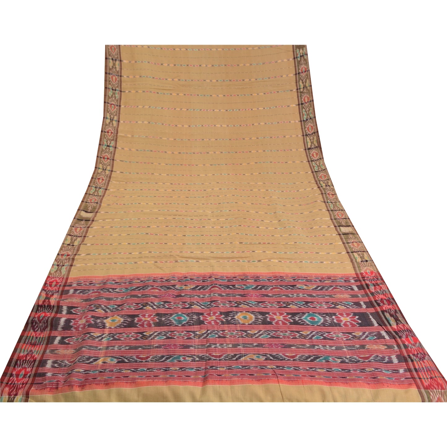 Sanskriti Vintage Saree Brown Odisha Hand Woven Ikat Blend Silk Sari 5yd Sustainable Fabric