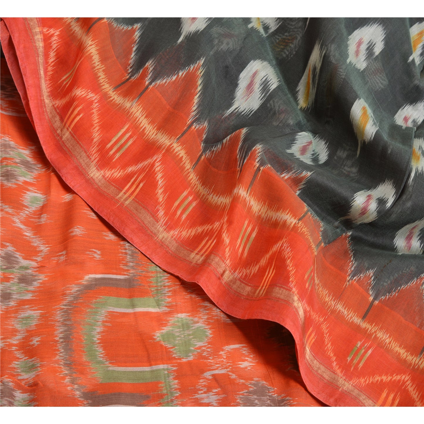 Sanskriti Vintage Saree Gray/Orange HandWoven Ikat Blend Cotton Sari 5yd Sustainable Fabric