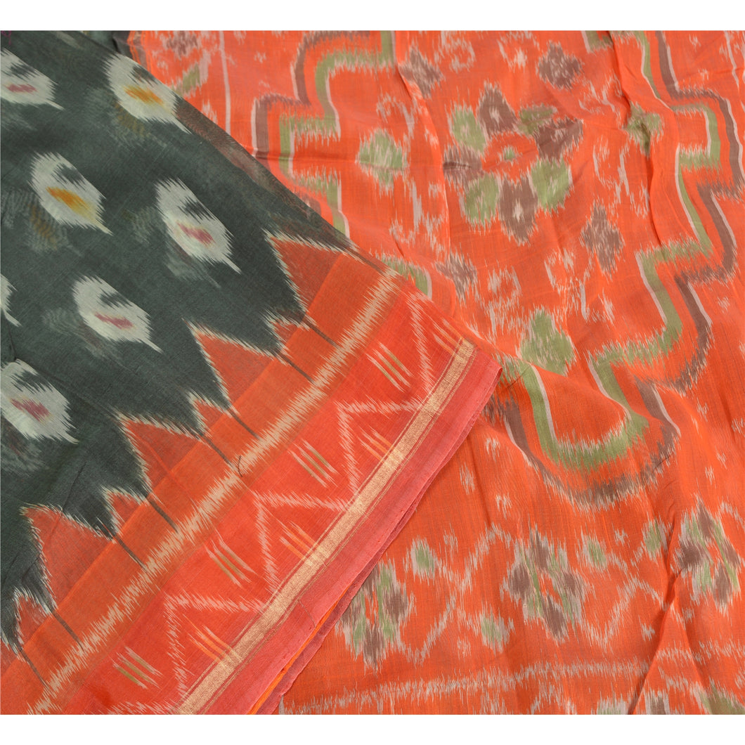 Sanskriti Vintage Saree Gray/Orange HandWoven Ikat Blend Cotton Sari 5yd Fabric