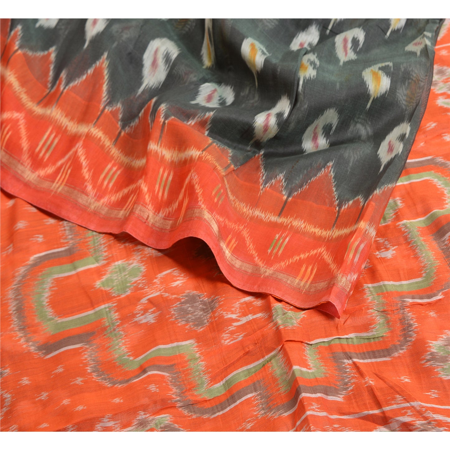 Sanskriti Vintage Saree Gray/Orange HandWoven Ikat Blend Cotton Sari 5yd Sustainable Fabric