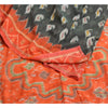 Sanskriti Vintage Saree Gray/Orange HandWoven Ikat Blend Cotton Sari 5yd Sustainable Fabric