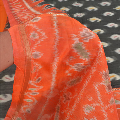 Sanskriti Vintage Saree Gray/Orange HandWoven Ikat Blend Cotton Sari 5yd Sustainable Fabric