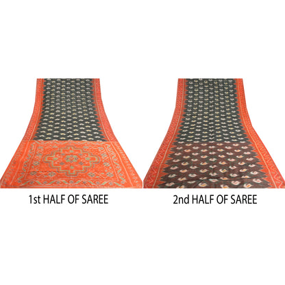 Sanskriti Vintage Saree Gray/Orange HandWoven Ikat Blend Cotton Sari 5yd Sustainable Fabric