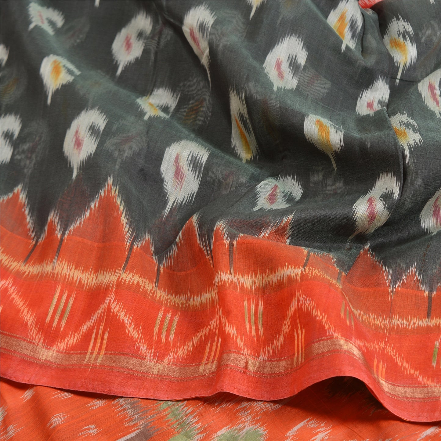 Sanskriti Vintage Saree Gray/Orange HandWoven Ikat Blend Cotton Sari 5yd Sustainable Fabric