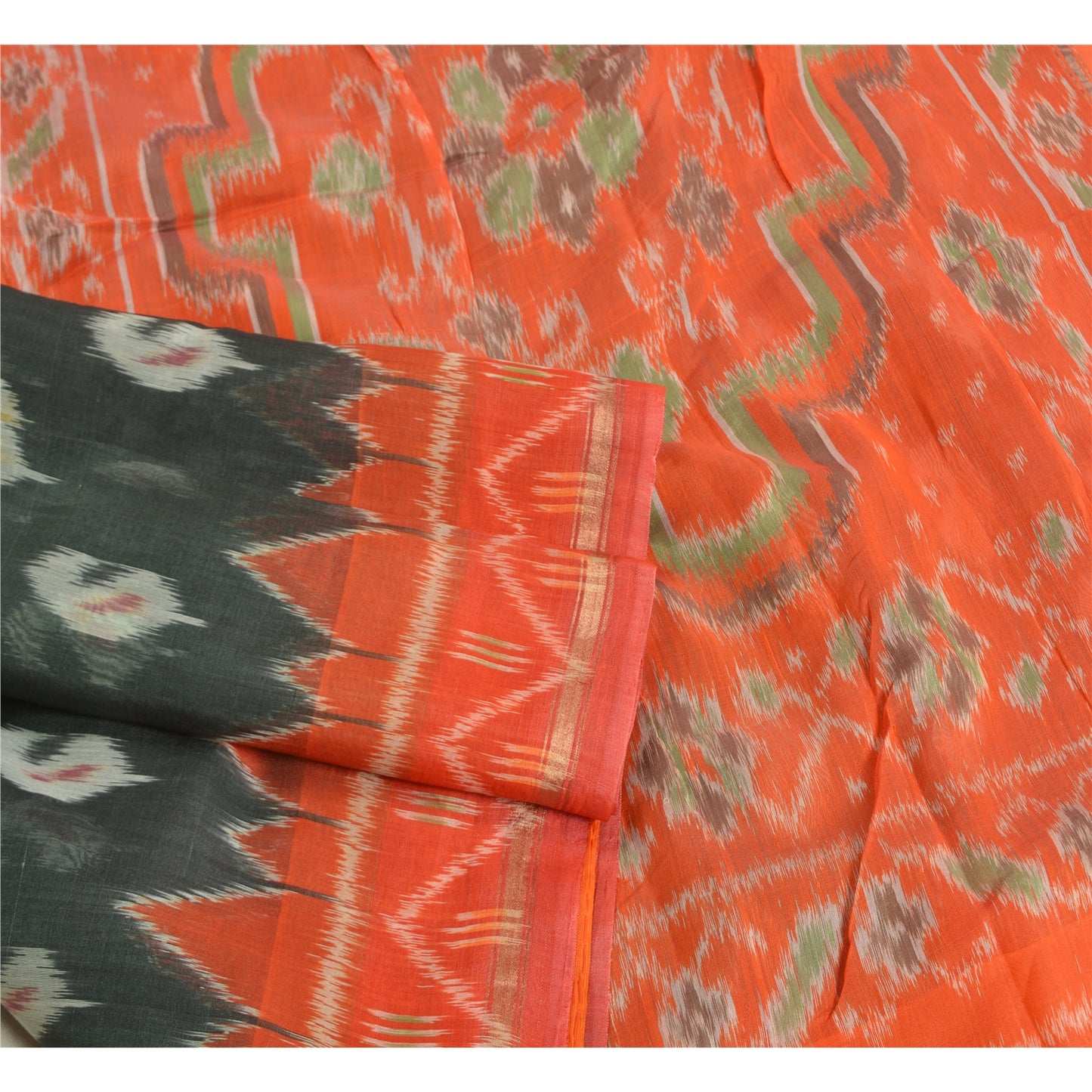Sanskriti Vintage Saree Gray/Orange HandWoven Ikat Blend Cotton Sari 5yd Sustainable Fabric