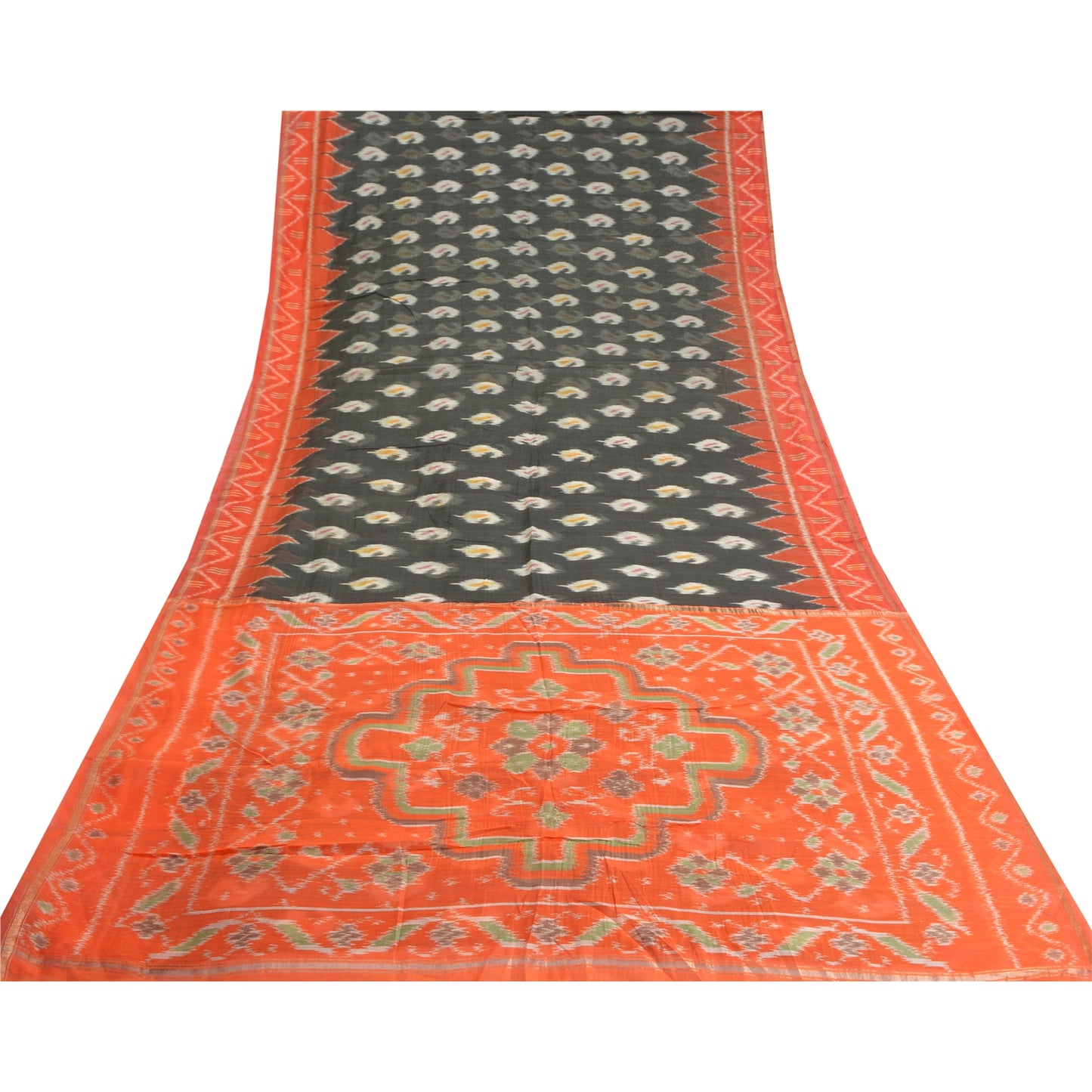 Sanskriti Vintage Saree Gray/Orange HandWoven Ikat Blend Cotton Sari 5yd Sustainable Fabric