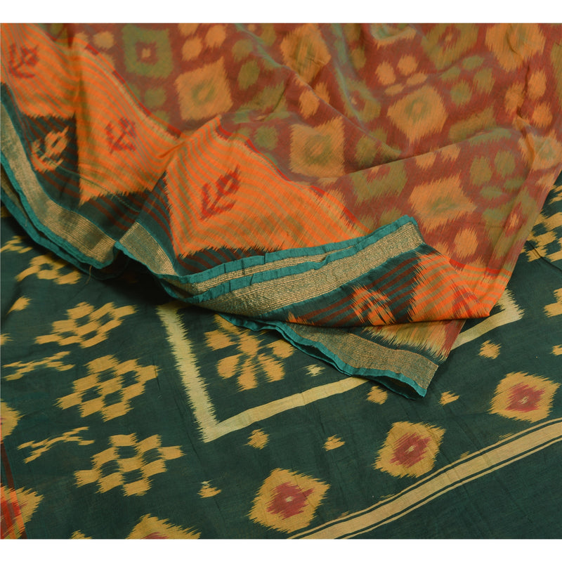 Sanskriti Vintage Saree Red & Green Sambhalpuri Hand Woven Ikat Saree Blend Cotton Sari 5 Yard Craft Fabric For Upcycled Sarongs,